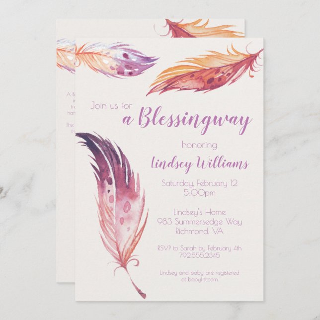 Feather Blessingway Baby Shower Invitation (Front/Back)