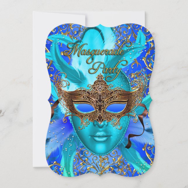 Feather Blue & Gold Mask Masquerade Party Invite (Front)