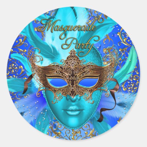 Feather Blue  Gold Masquerade Party Sticker