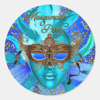 Feather Blue & Gold Masquerade Party Sticker