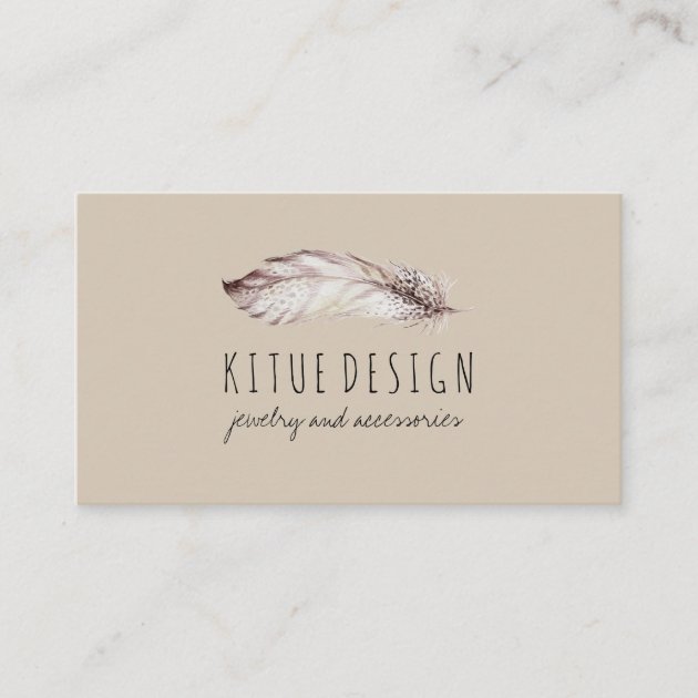 Feather Boho Girly Feminine Beige Gray Business Card