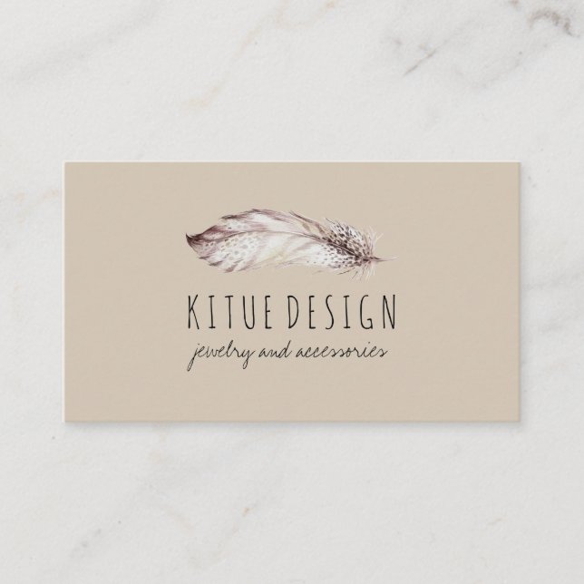 Feather Boho Girly Feminine Beige Gray Business Card (Front)