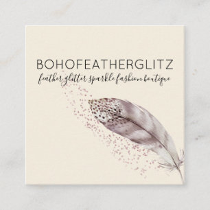 Feather Boho Glitter beige Elegant Square Business Card
