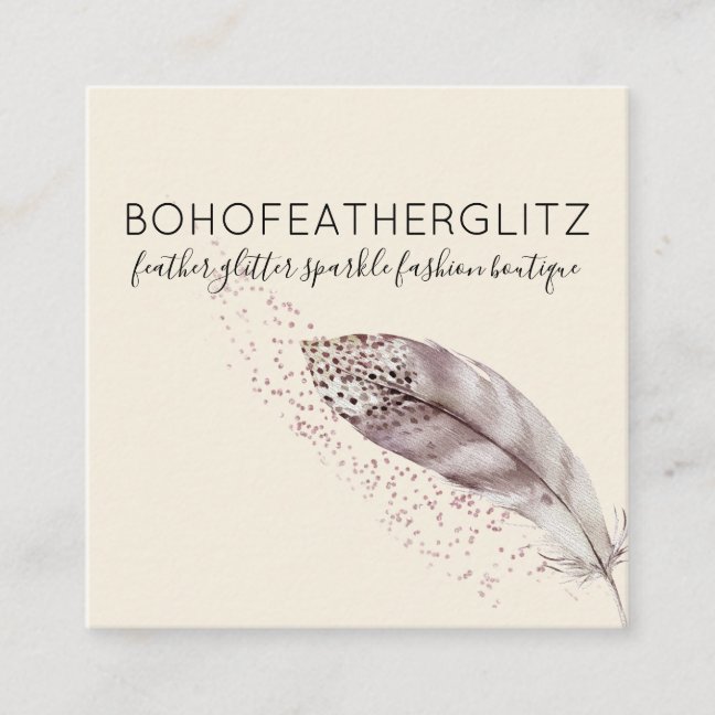 Feather Boho Glitter beige Elegant Square Business Card