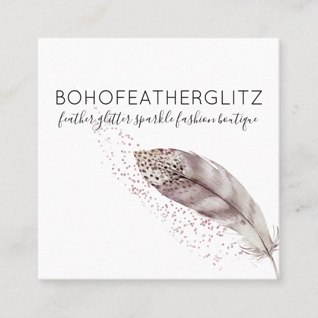 Feather Boho Glitter Simple Elegant Square Business Card (Front)