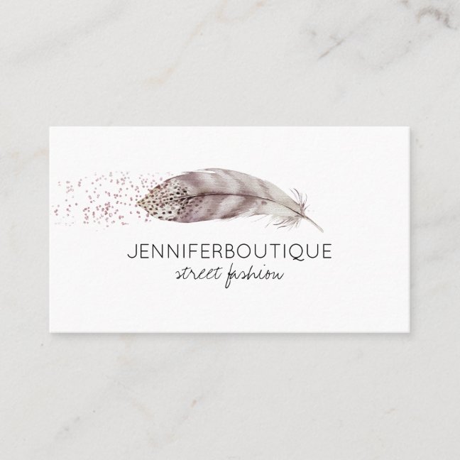 Feather Boho Glitter Watercolor Handdrawn Rustic Business Card