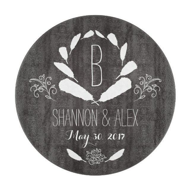 Feather Chalkboard Monogram Wedding Date Cutting Board (Front)