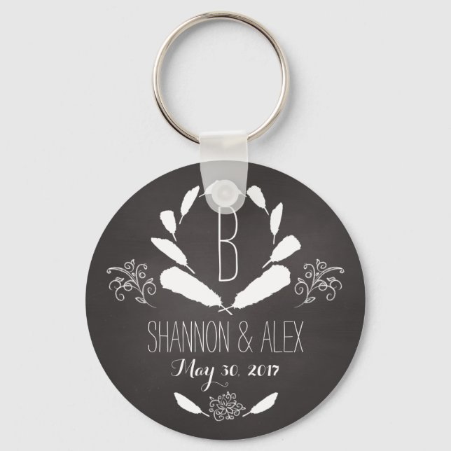 Feather Chalkboard Monogram Wedding Date Keychain (Front)