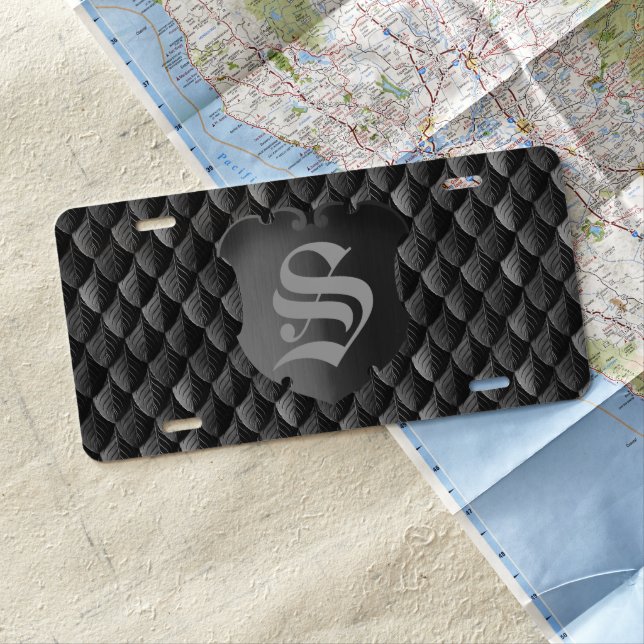 Feather Dragon Scale Armor Black Monogram License Plate (In Situ)