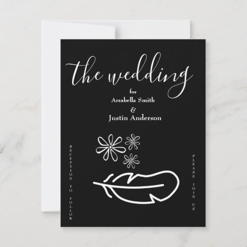 Feather Floral Black and White Wedding Invitation