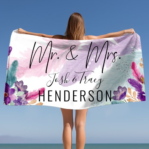 Feather  Flowers Mr and Mrs Personalized Wedding  Beach Towel