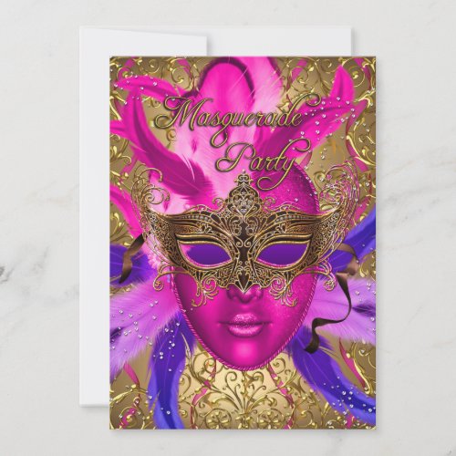 Feather Gold  Pink Mask Masquerade Party Invite