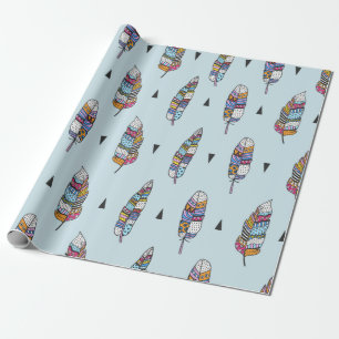 Feather hand drawn vintage pattern. Seamless boho Wrapping Paper
