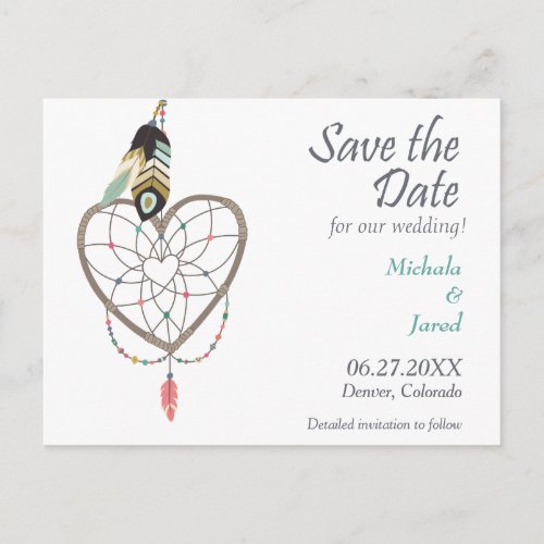 Feather Heart Dreamcatcher Save the Date Wedding Announcement Postcard