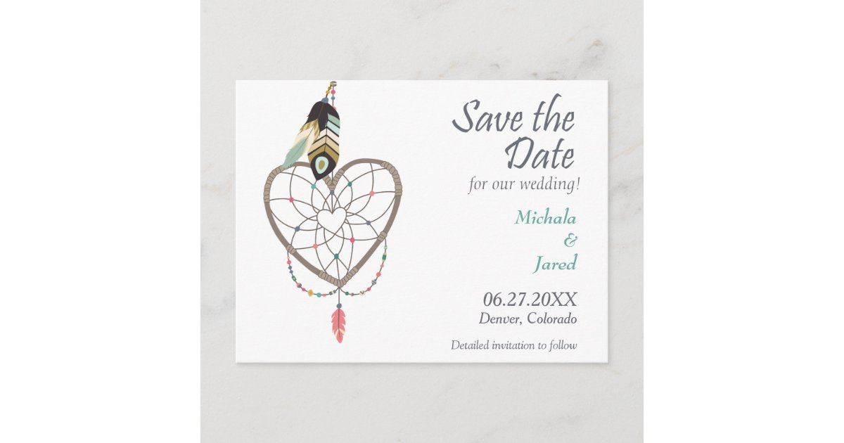 Feather Heart Dreamcatcher Save The Date Wedding Announcement Postcard Zazzle Com