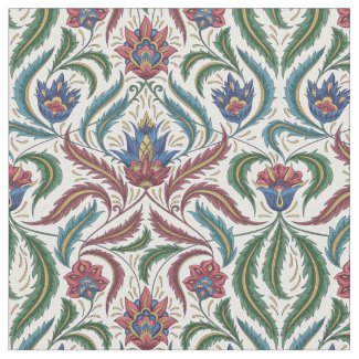 Feather Leaves Floral Damask in Blue Green Red Fabric