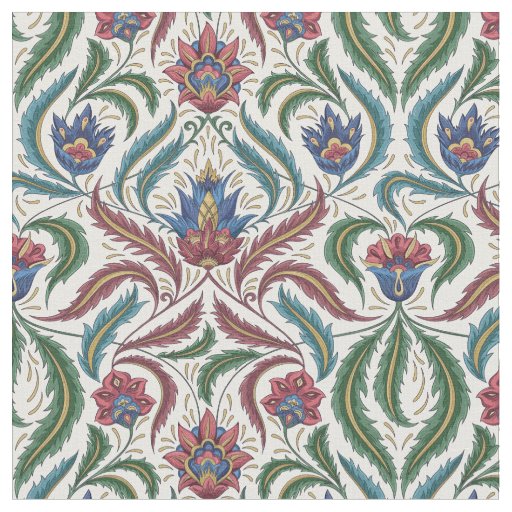 Feather Leaves Floral Damask in Blue Green Red Fabric