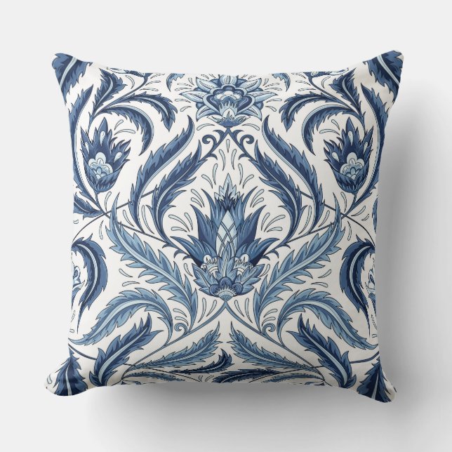 Feather Leaves Floral Faux Tapestry Blue and White Throw Pillow (Front)