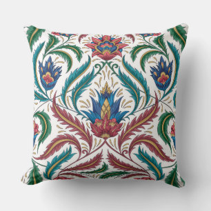 Feather Leaves Floral Faux Tapestry Red Blue Green Throw Pillow