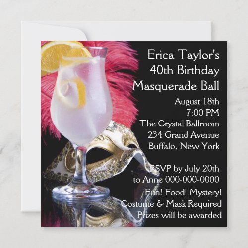 Feather Mask 40th Birthday Masquerade Party Personalized Invitation