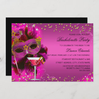 Feather Mask Masquerade Bachelorette Party Invite
