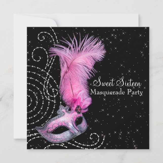 Feather Mask Pink Black Sweet 16 Masquerade Party Invitation (Front)