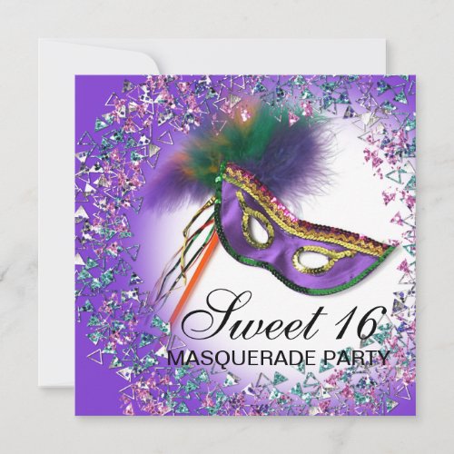 Feather Mask Purple Sweet 16 Masquerade Party Personalized Invitation
