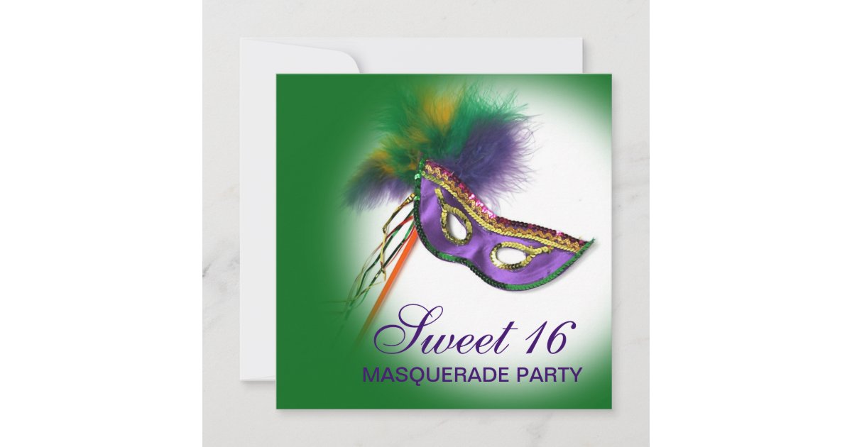 Feather Mask Purple Sweet 16 Masquerade Party Invitation