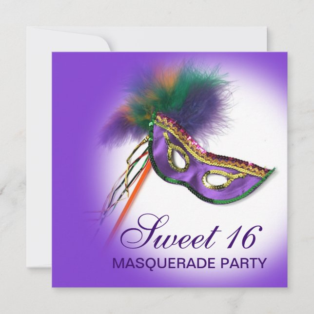 Feather Mask Purple Sweet 16 Masquerade Party Invitation (Front)