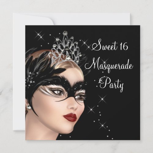 Feather Mask Tiara Sweet 16 Masquerade Party Custom Announcement