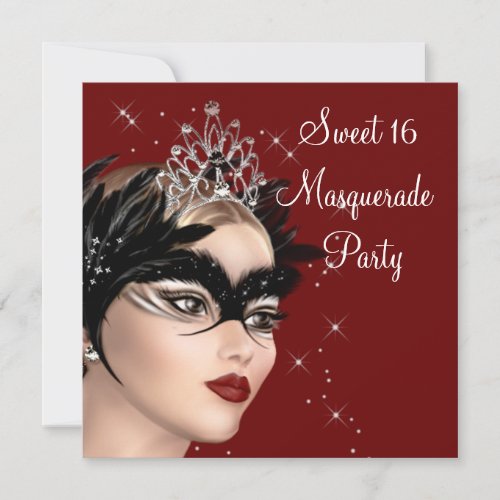 Feather Mask Tiara Sweet 16 Masquerade Party Invitation