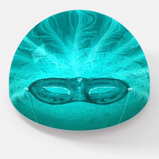 Feather masquerade mask art deco elegant teal paperweight (Angled)
