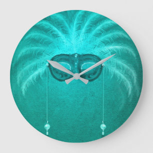 Feather masquerade mask elegant vintage teal large clock