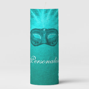 Feather masquerade mask elegant vintage teal pillar candle