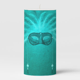 Feather masquerade mask elegant vintage teal pillar candle