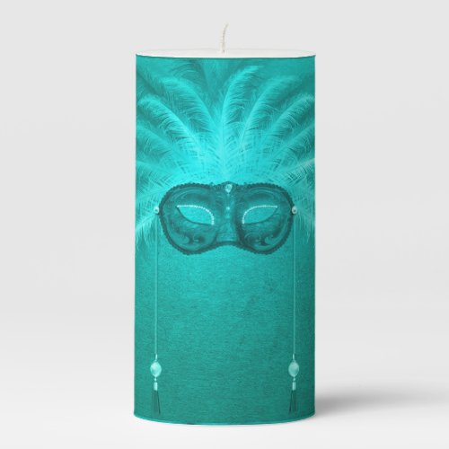 Feather masquerade mask elegant vintage teal pillar candle