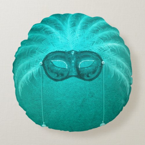Feather masquerade mask elegant vintage teal round pillow