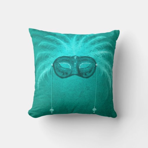 Feather masquerade mask elegant vintage teal throw pillow