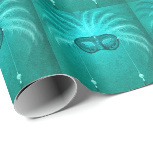 Feather masquerade mask elegant vintage teal wrapping paper