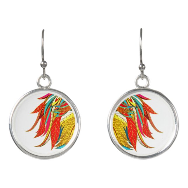 Feather modern teal red gold elegant  artistic earrings (Front)