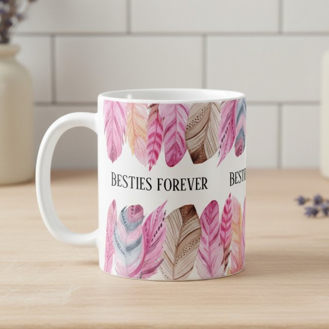 Feather Mug Besties Forever (personalized mug with pink feathers)