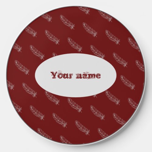 Feather Pattern Dark Red Name Modern Elegant Chic Wireless Charger