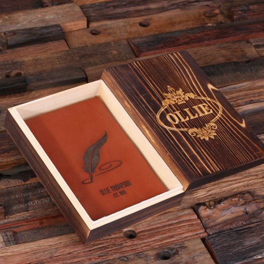Feather Pen Gift Set: Gift Box and Leather Journal (Inside)
