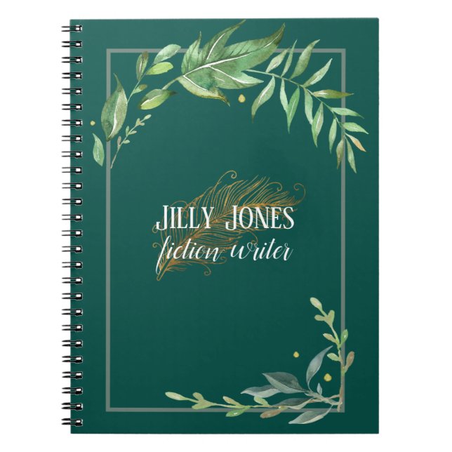 Feather Pen & Leafy Frame in Spruce Green Notebook (Front)