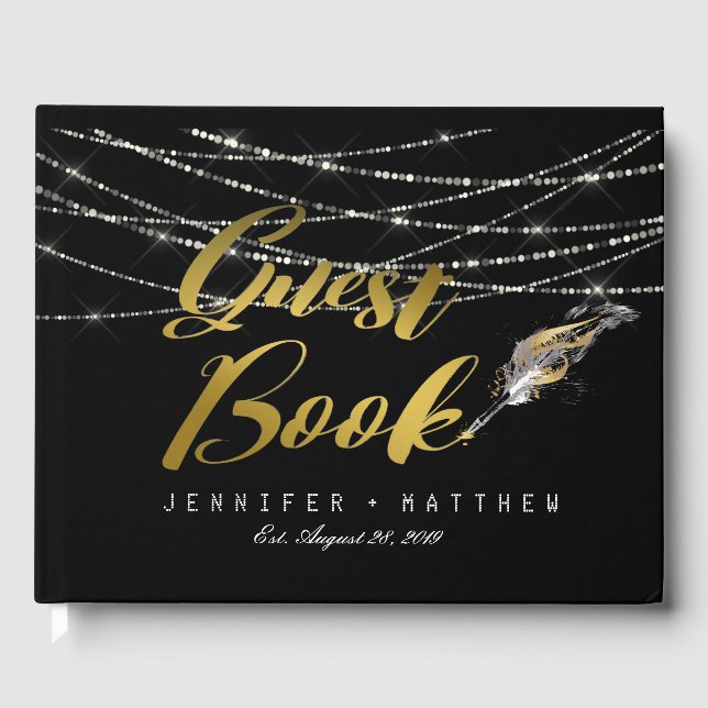 Feather Pen String Lights Personalized Wedding Guest Book (Front)