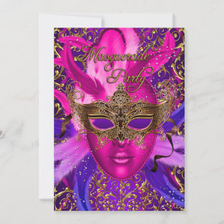 Feather Pink & Gold Mask Masquerade Party Invite