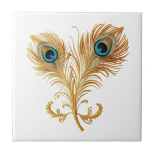 Feather plume peacock bird gold teal luxury ceramic tile