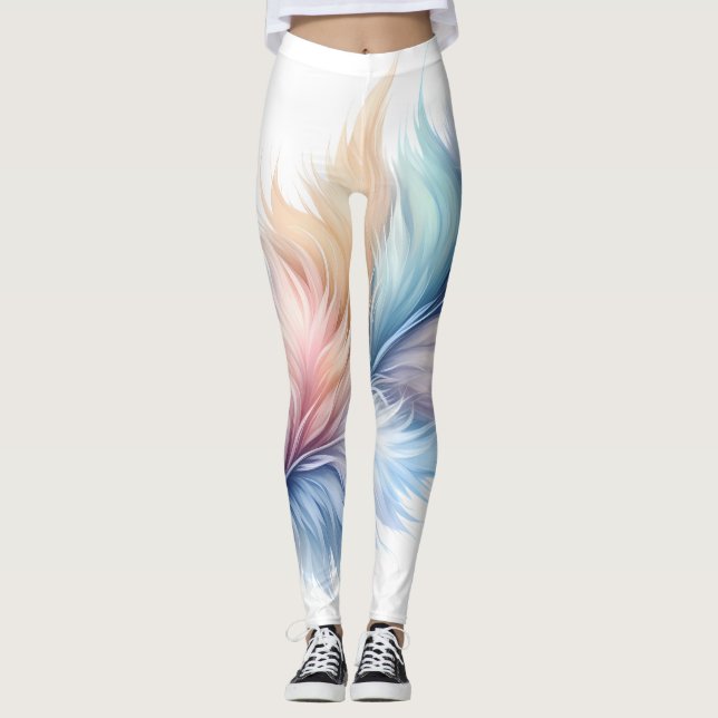Feather Print Leggings, Pastel Feather Leggings (Front)