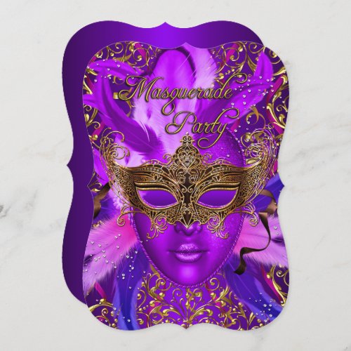 Feather Purple Gold Mask Masquerade Party Invite