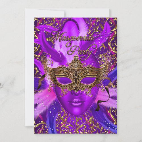 Feather Purple  Gold Mask Masquerade Party Invite